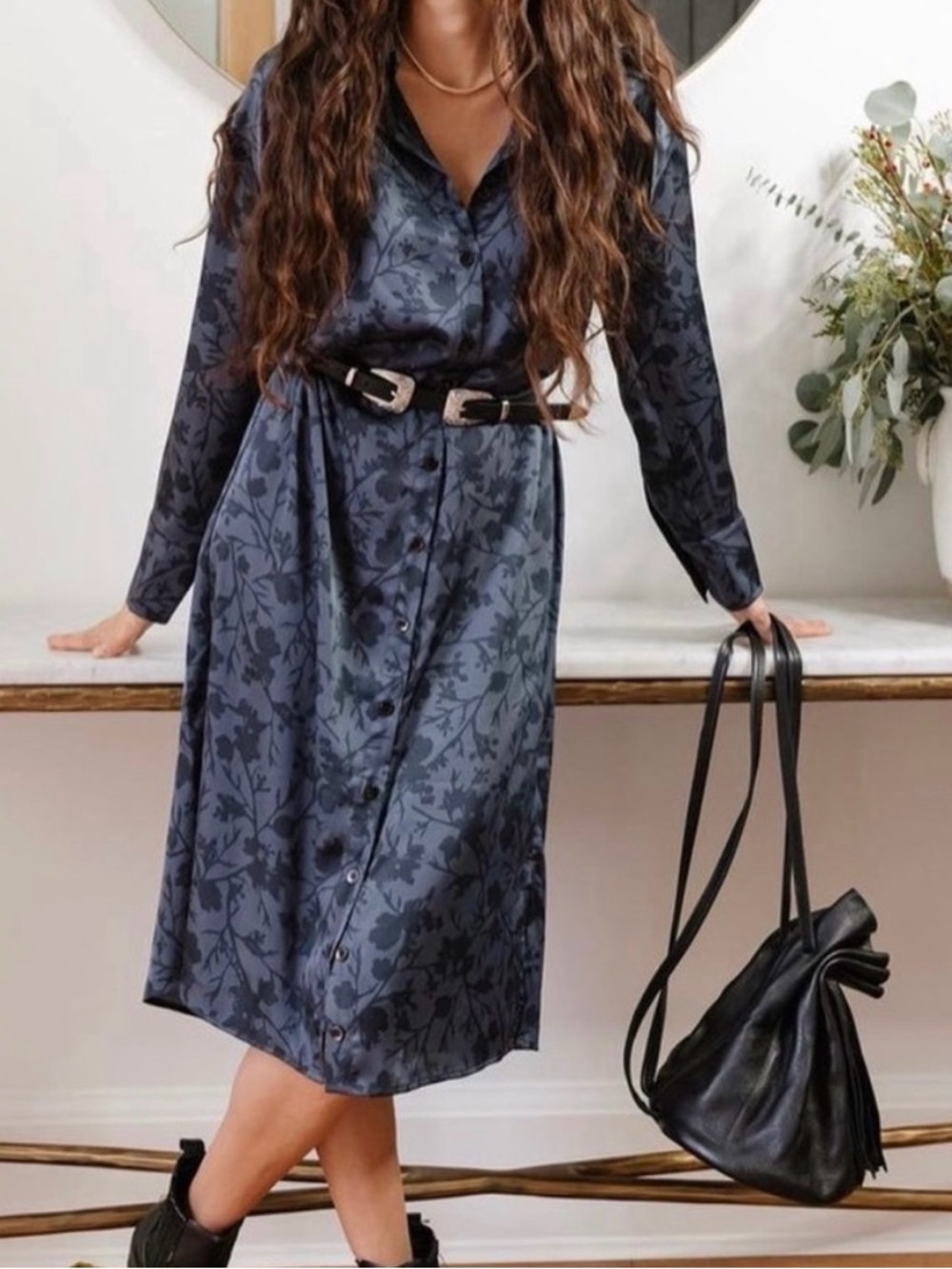 Smash + Tess Navy Blue Floral Midi Shirt Dress